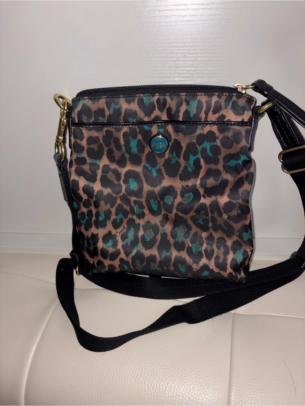 Coach Leopard Print Crossbody with Teal Accents